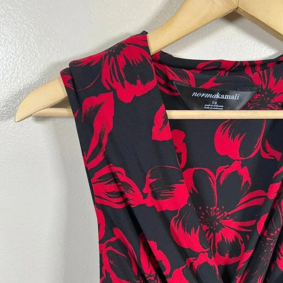Norma Kamali Faux Wrap Dress Size Large Black Red Floral Jersey Stretch Work - Picture 5 of 12